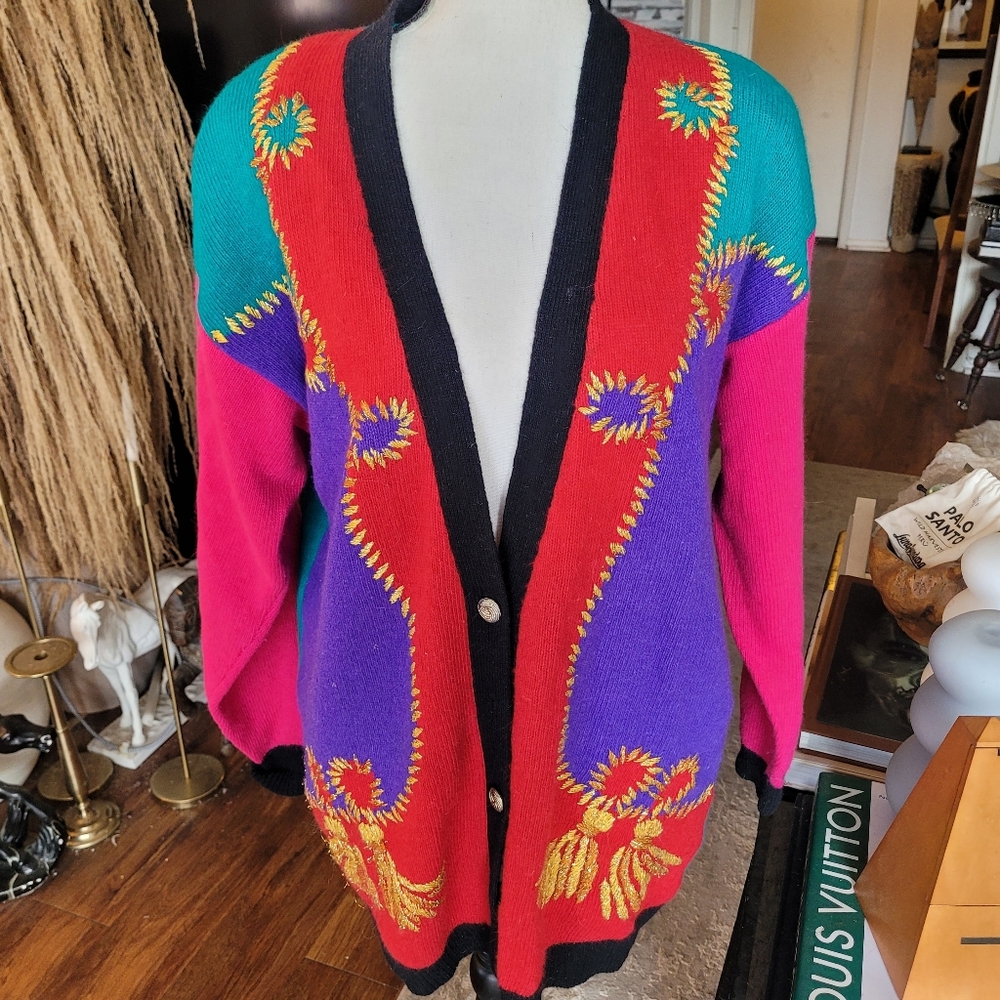 Vintage 80s Colorful Lambswool Angora Rabbit Hair Colorblock Abstract Cardigan